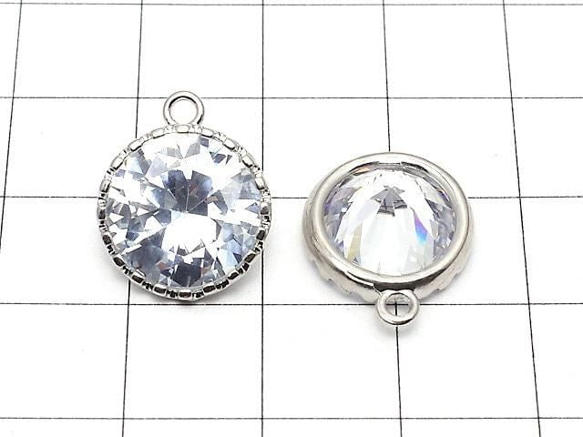 Metal Parts CZ Round Faceted Charms, 16.5x13.5x7mm, Silver, 2 Pieces