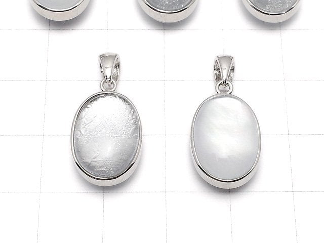 Meteoriten & Weiße Muschel Oval Anhänger 16x11x9mm Silber 925