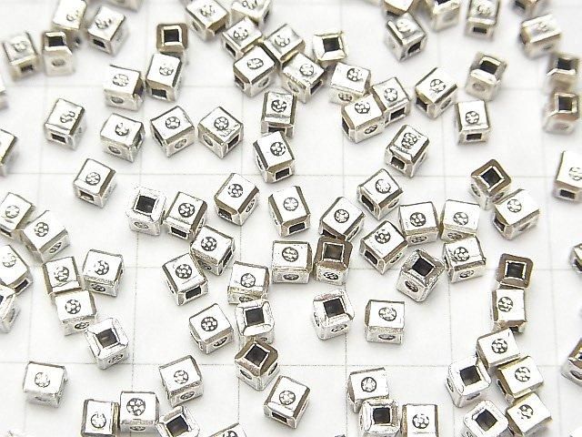 Karen Silver Square Rondelle with Flower Pattern, 3x3x3mm, 5pcs