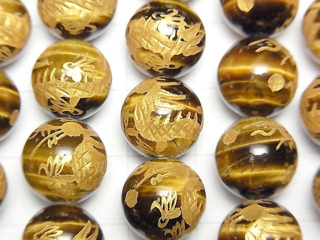 Gold Drache (Vier Göttliche Bestien) Schnitzerei! Gelber Tigerauge AAA Rund 10, 12, 14, 16 mm 1/4 oder 1Strang