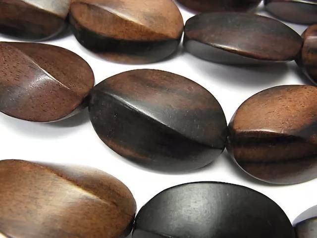 烏木四切面扭紋橢圓形30x22x14毫米半串或1串珠子(約14英寸/34厘米)