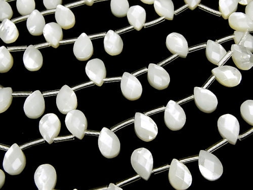 High-quality white shell (silver-lip oyster) AAA faceted pear shape 9x6x4mm 1/4 or 1 strand beads (approx. 15 inch/38 cm)