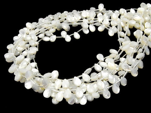 High-quality white shell (silver-lip oyster) AAA faceted pear shape 9x6x4mm 1/4 or 1 strand beads (approx. 15 inch/38 cm)