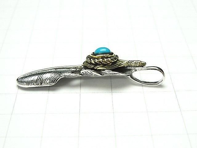 Silver 925 Feather Pendant with Turquoise, 46x11x8mm, 1pc