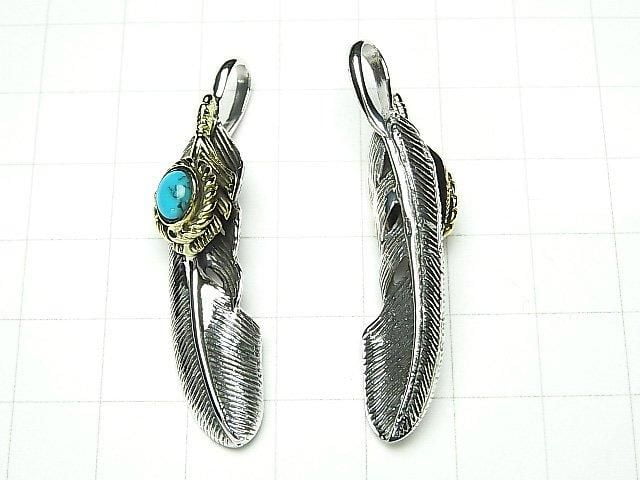 Silver 925 Feather Pendant with Turquoise, 46x11x8mm, 1pc