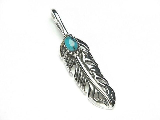 Silver 925 Feather Pendant with Turquoise, 36x8x5mm, 1pc