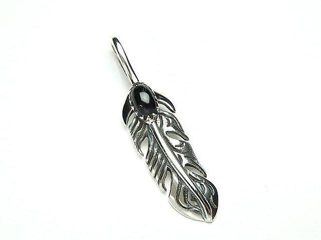 Silver 925 Feather Pendant with Onyx, 36x8x5mm, 1pc