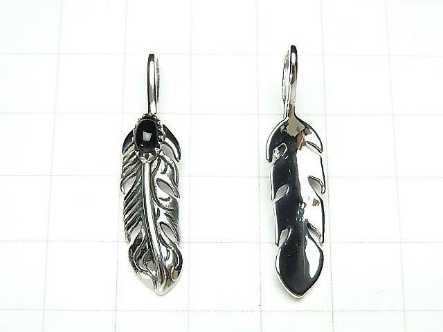 Silver 925 Feather Pendant with Onyx, 36x8x5mm, 1pc