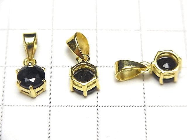 High Quality Black Sapphire AAA Round Faceted 7x6x4mm Pendant 18KGP 1pc