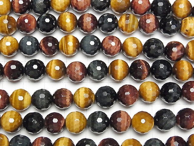 Tigerauge AAA 3-Farben-Mix 128 facettierte Runde 10mm halb oder 1 Strang Perlen (ca. 15 Zoll / 38 cm)