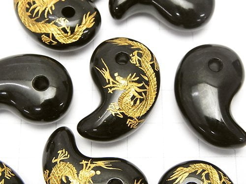 Golden! Dragon (Four Divine Beasts) Carved! Onyx Comma Shaped Bead 30x20x10mm 1pc