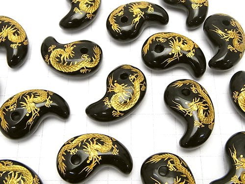 Golden! Dragon (Four Divine Beasts) Carved! Onyx Comma Shaped Bead 30x20x10mm 1pc