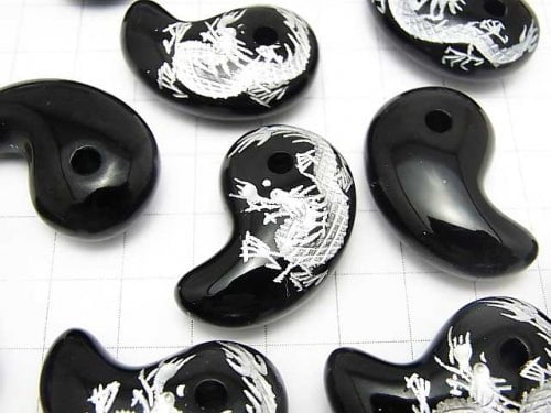 Silber! Geschnitzt von Drache (Vier göttliche Bestien)! Onyx Komma-förmige Perle 30x18x10mm