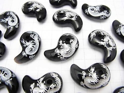 Silber! Geschnitzt von Drache (Vier göttliche Bestien)! Onyx Komma-förmige Perle 30x18x10mm