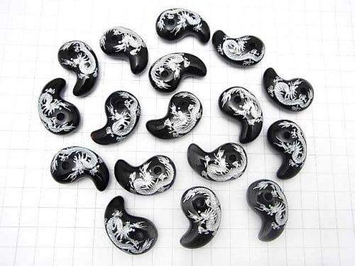 Silber! Geschnitzt von Drache (Vier göttliche Bestien)! Onyx Komma-förmige Perle 30x18x10mm