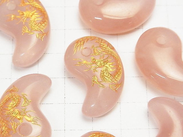 Gold! Drache (Vier göttliche Bestien) geschnitzt! Rosenquarz Komma-förmige Perle 30x20x10mm 1 Stück