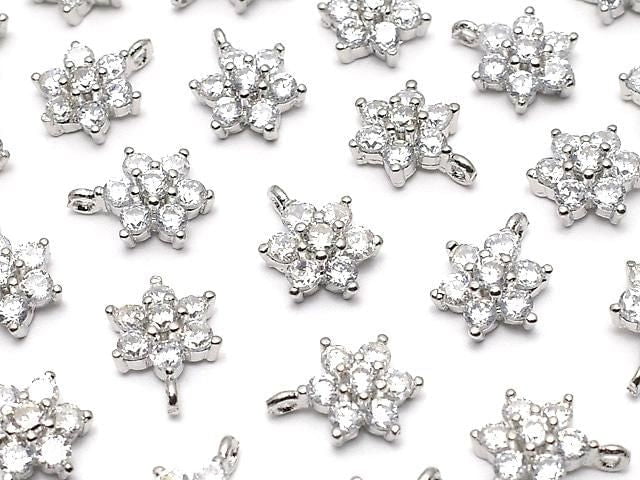 Metal Parts charm with CZ crystal, flower design, 9x6mm, silver color, 3 pieces