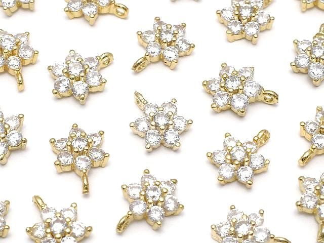Metal Parts charm with CZ crystal, flower design, 9x6mm, gold color, 3 pieces