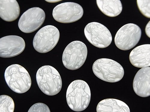 Hochwertige weiße Muschel (Silberlippen-Auster) AAA Jungfrau Maria Schnitzerei unbohrtes Oval 11 x 8 x 2 mm 1 Stk