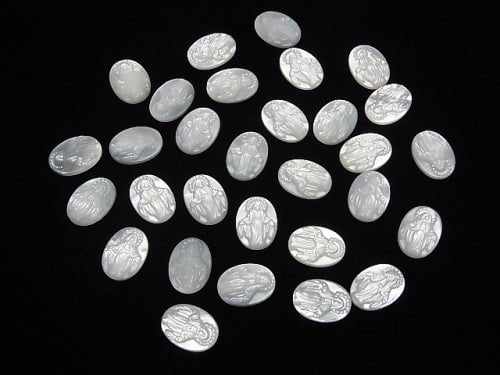 Hochwertige weiße Muschel (Silberlippen-Auster) AAA Jungfrau Maria Schnitzerei unbohrtes Oval 11 x 8 x 2 mm 1 Stk