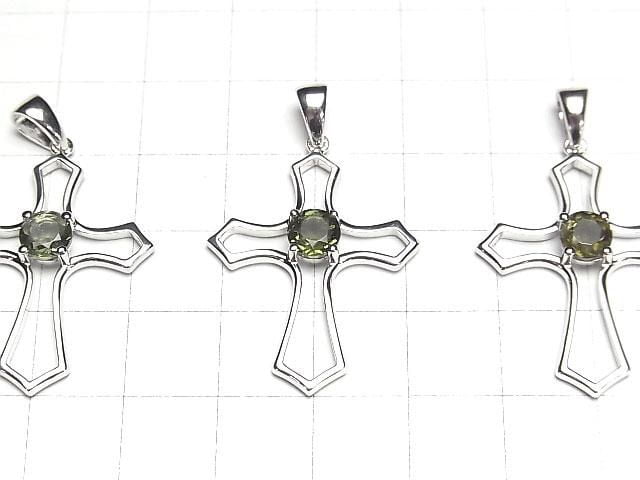 Pendentif croix facetté rond en moldavite de haute qualité AAA 30x24x5mm Argent 925
