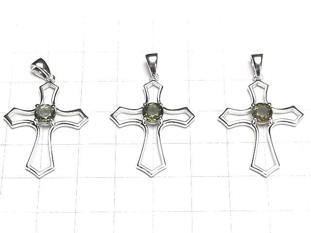 Pendentif croix facetté rond en moldavite de haute qualité AAA 30x24x5mm Argent 925
