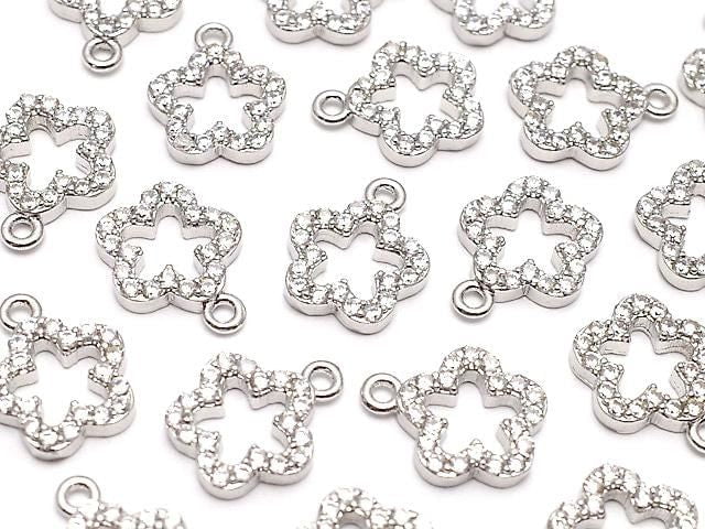 Metal Parts charm with CZ crystal, flower design, 10x8mm, silver color, 3 pieces