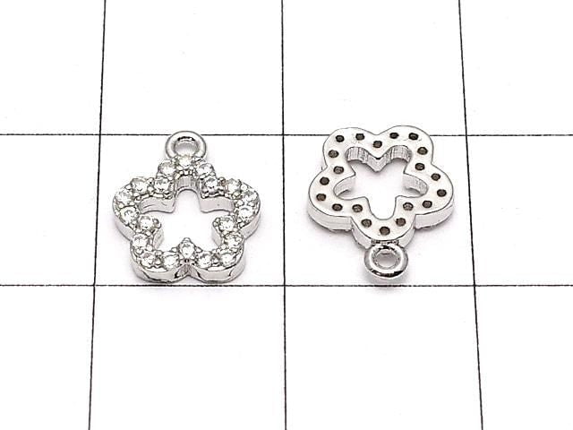 Metal Parts charm with CZ crystal, flower design, 10x8mm, silver color, 3 pieces