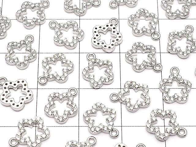 Metal Parts charm with CZ crystal, flower design, 10x8mm, silver color, 3 pieces