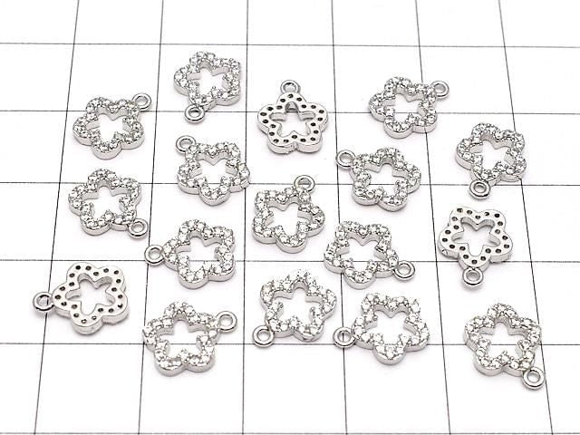 Metal Parts charm with CZ crystal, flower design, 10x8mm, silver color, 3 pieces