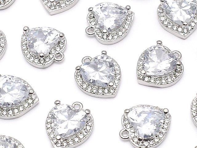 Metal CZ Heart Charm, 11x9.5x4mm, Silver, 2 Pieces