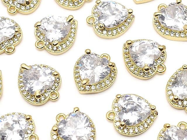 Metal CZ Heart Charm, 11x9.5x4mm, Gold, 2 Pieces