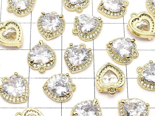 Metal CZ Heart Charm, 11x9.5x4mm, Gold, 2 Pieces