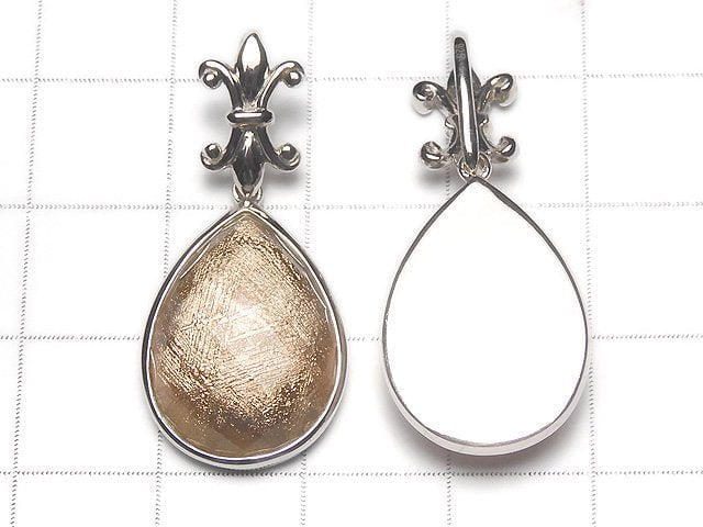 Meteorite w/Fleur Bail Pear shape Pendant 20x15x6mm Pink Gold Silver925