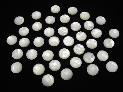 Hochwertige weiße Muschel (Silberlippen-Auster) AAA runder facettierter Cabochon 10x10x3mm 4 Stück