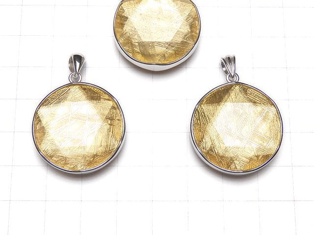 Meteorite (Muonionalusta) Pendant Both Side Finish 27 mm Yellow Gold Color Silver 925