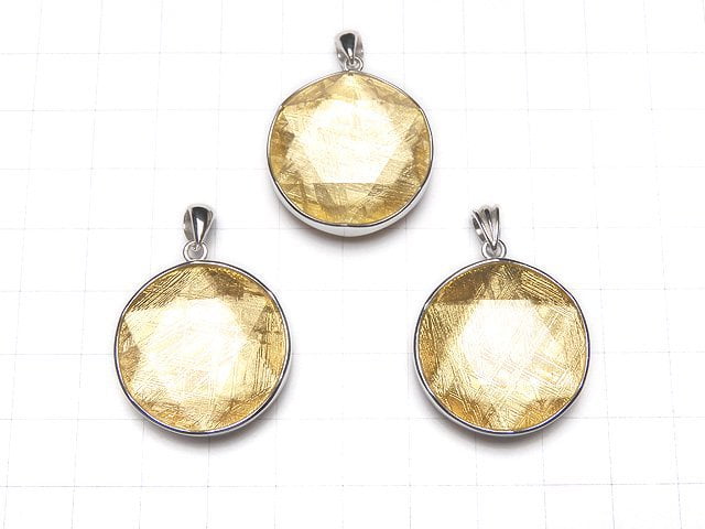 Meteorite (Muonionalusta) Pendant Both Side Finish 27 mm Yellow Gold Color Silver 925