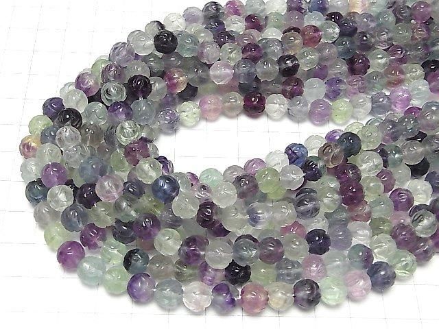 Multicolor Fluorite AAA- Lotus Carving 8mm half or 1-strand beads (approx. 15 inches/38 cm)