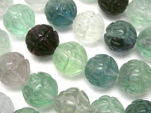 Multicolor Fluorite AAA - Lotus Carving 12mm half or 1-strand beads (approx. 15 inches/37 cm)