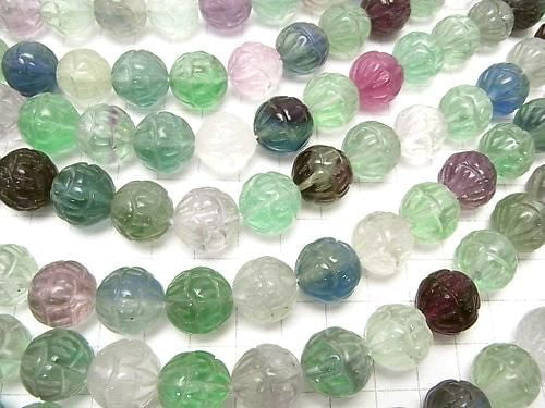 Multicolor Fluorite AAA- Lotus Carving 14mm half or 1-strand beads (approx. 15 inches/38 cm)