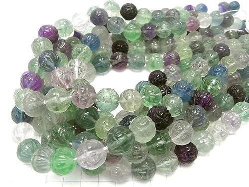 Multicolor Fluorite AAA- Lotus Carving 14mm half or 1-strand beads (approx. 15 inches/38 cm)