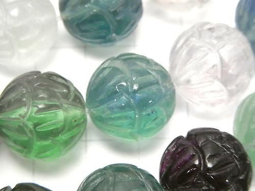 Multicolor Fluorite AAA- Lotus Carving 16mm half or 1-strand beads (approx. 15 inches/38 cm)
