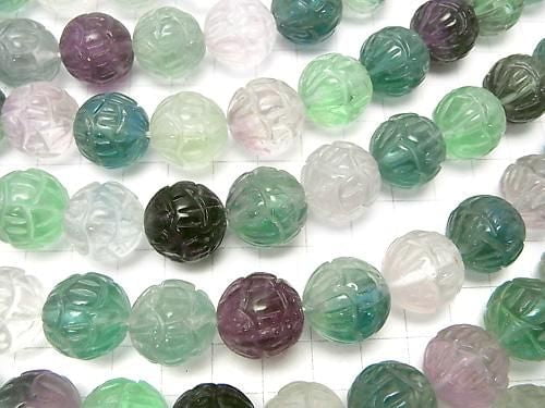 Multicolor Fluorite AAA- Lotus Carving 16mm half or 1-strand beads (approx. 15 inches/38 cm)