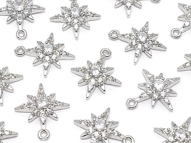 Metal Star Motif Charm, 14x12mm, Silver Color (with CZ), 1 Piece