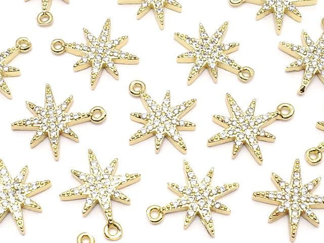 Metal Parts Star Motif Charm, 13.5x11.5mm, Gold Color (with CZ), 2 Pieces