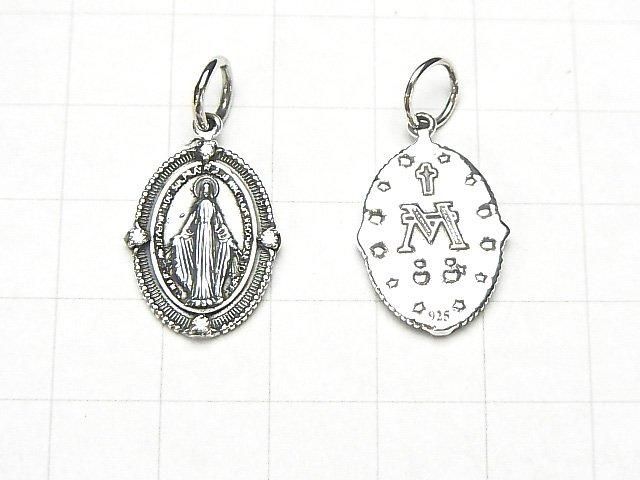 Silver 925 Miraculous Medal Motif Charm with CZ, 18x14mm, 1pc