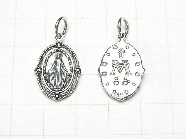 Silver 925 Miraculous Medal Motif Charm with CZ, 18x14mm, 1pc
