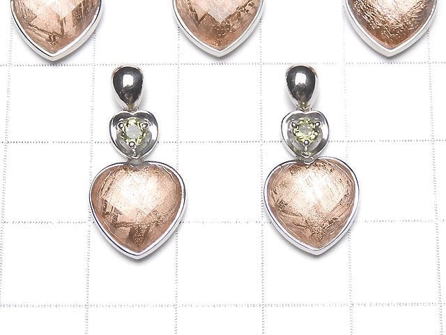 Meteorite & Moldavite 1 stone! Faceted heart pendant 11mm pink gold Silver925
