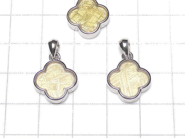 Meteorite (Muonionalusta) Clover Pendant 14 x 14 x 4 mm Yellow Gold Silver 925