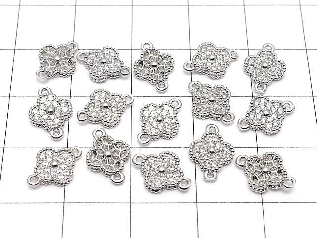 Metal Parts flower motif joint parts, 7x7x2mm, silver color (with cubic zirconia), 5 pieces.